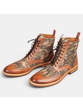 TAFT Handcraft Camo Wingtip Ankle Boots W/Leather Mens Eu 44 US 11 Green Brown